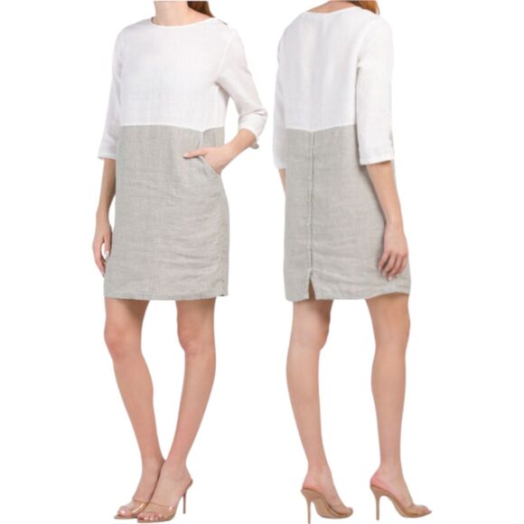 Tahari Mini Dress Womens Medium Gray Linen 3/4 Sleeve Color Block Button Back - Picture 2 of 11